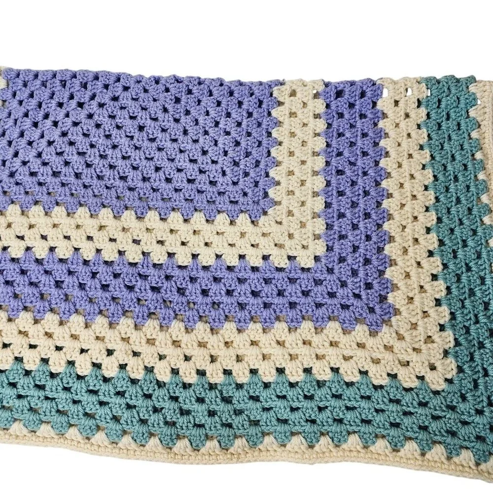 VTG Crochet Handmade Knit Throw Lap Blanket Muted Tone Green Purple Grannysquare